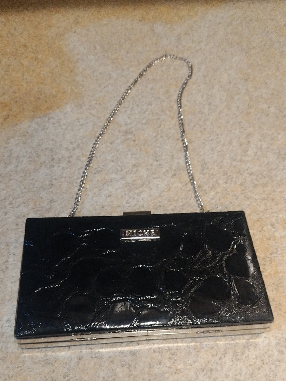 Miche Black Patent Croc-Embossed Chain Clutch